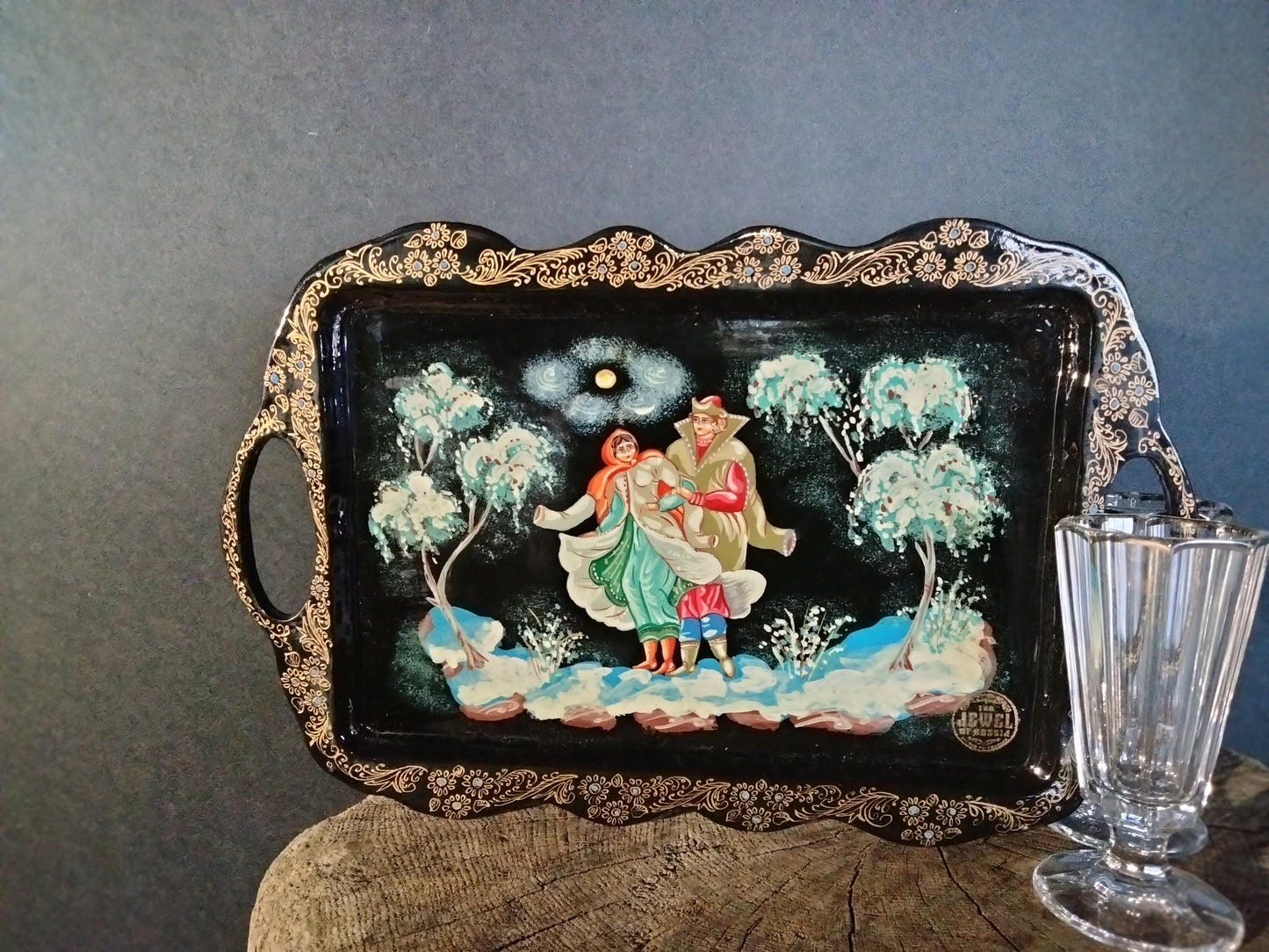 Teh Jewel Of Russia traditional hand painted Palekh lacquer miniature vodka shot serving tray